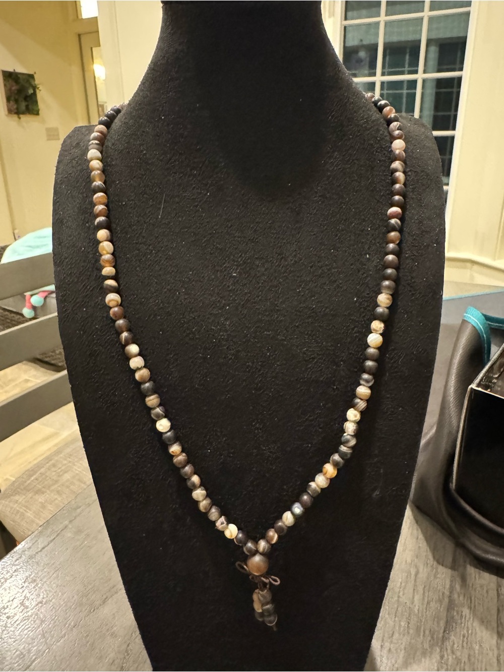 Brown Black Stone Beaded Long Necklace Earth Tone Round Beads Pendant Boho